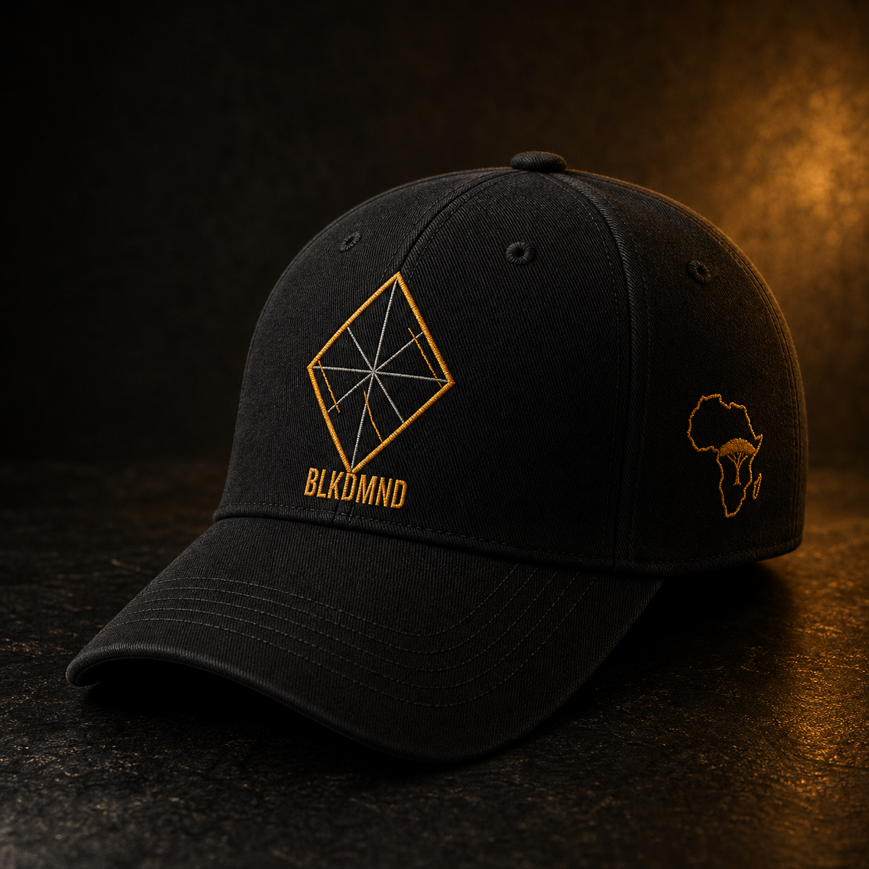Black cap mockup with an amber cracked diamond mark
